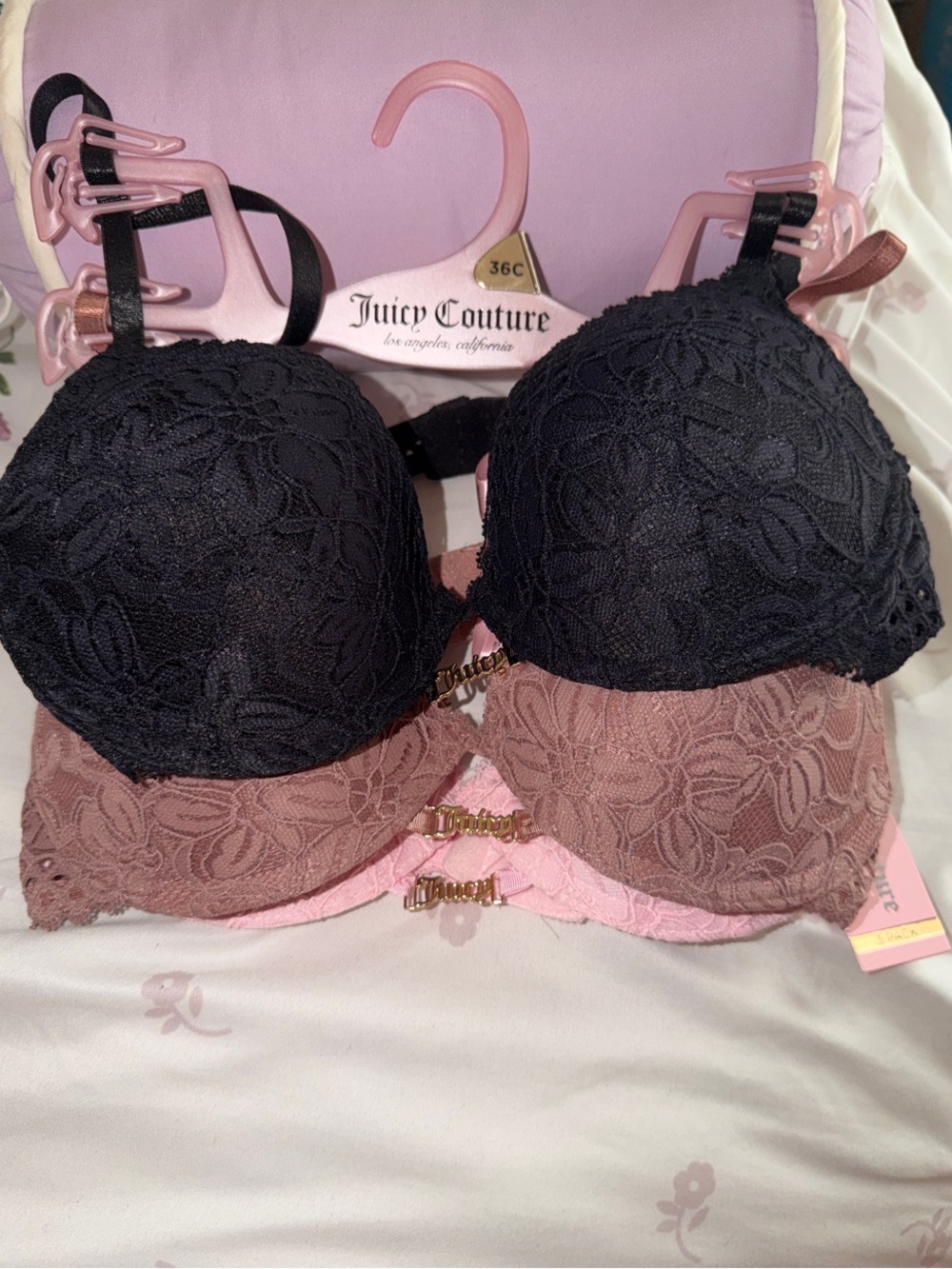 Juicy Couture Black, Pink & Mauve Lace Push-Up Bra Set